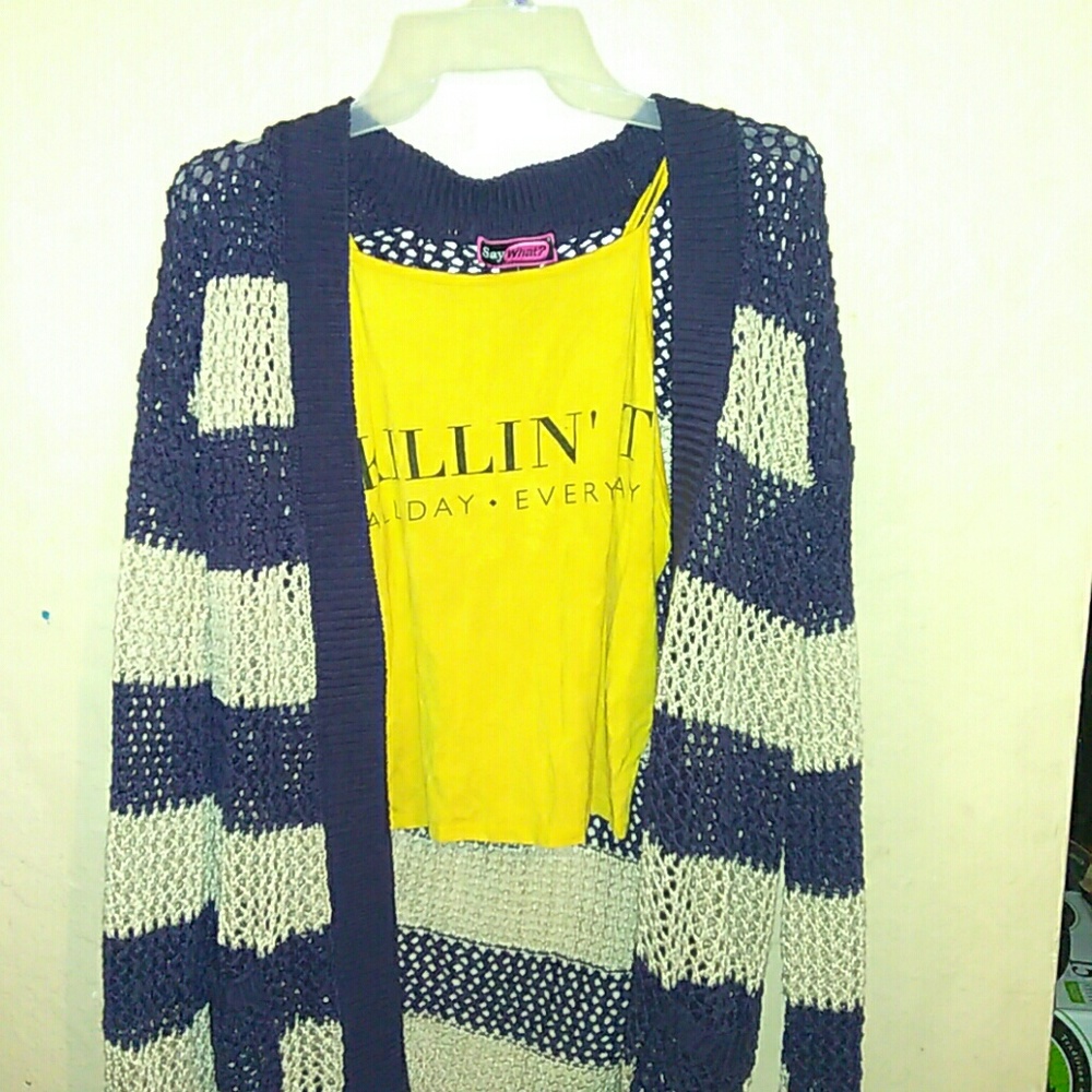 Navy blue and cream knitted cardigan